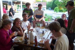 Frederica, Kathy, Scott, Kevin, Steve, and Father Gregory around the table